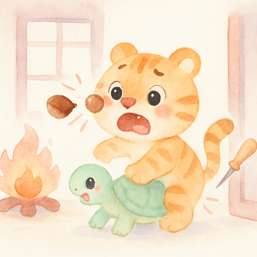 알밤이 화로에서 튀어나와 호랑이 얼굴을 때리고, 자라가 발을 물고, 송곳이 엉덩이를 찌르는 장면